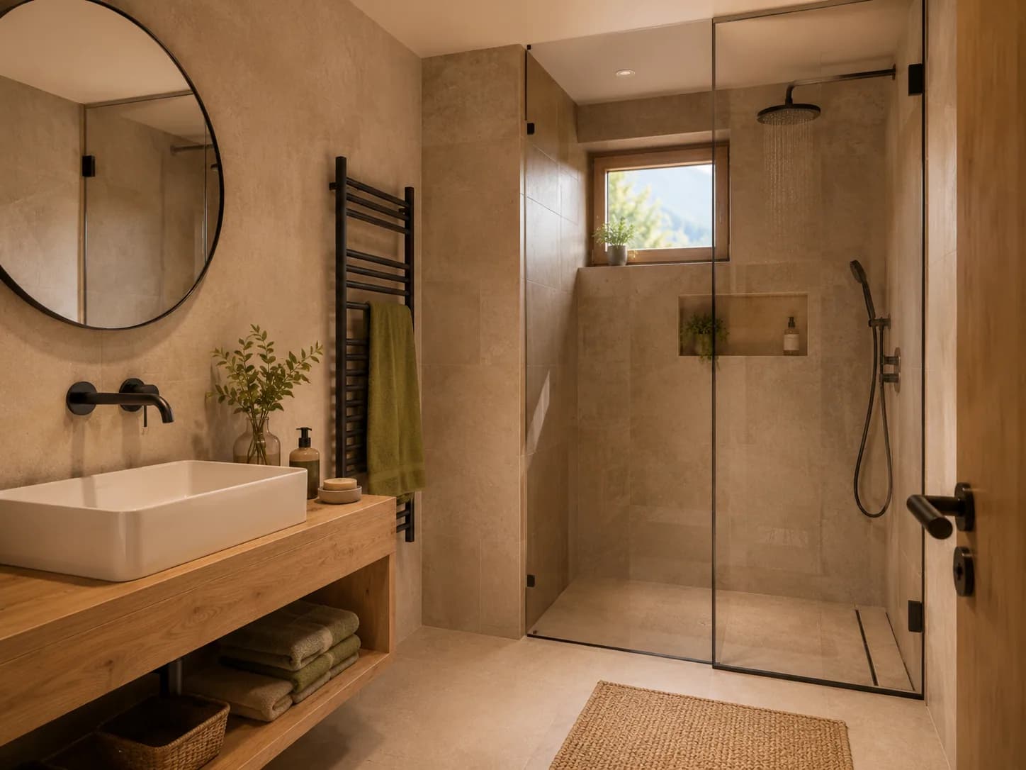 Modernes Badezimmer mit bodengleicher Dusche, Holzwaschtisch und rundem Spiegel