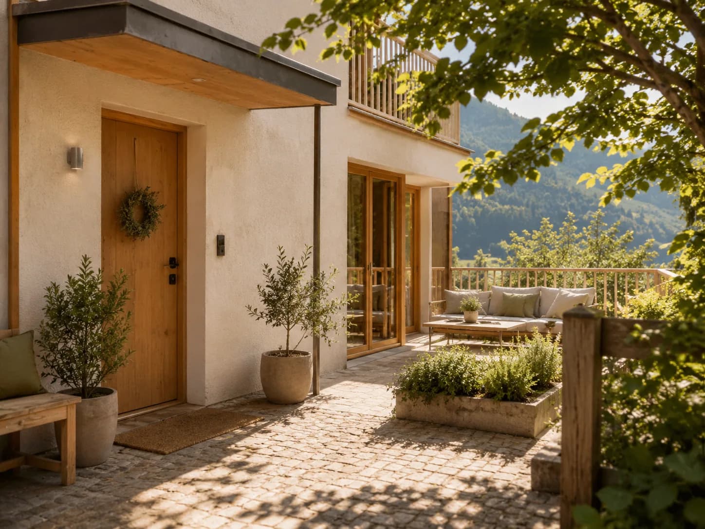 Privater Eingang mit Holztür, bepflanzter Terrasse und Blick ins Grüne