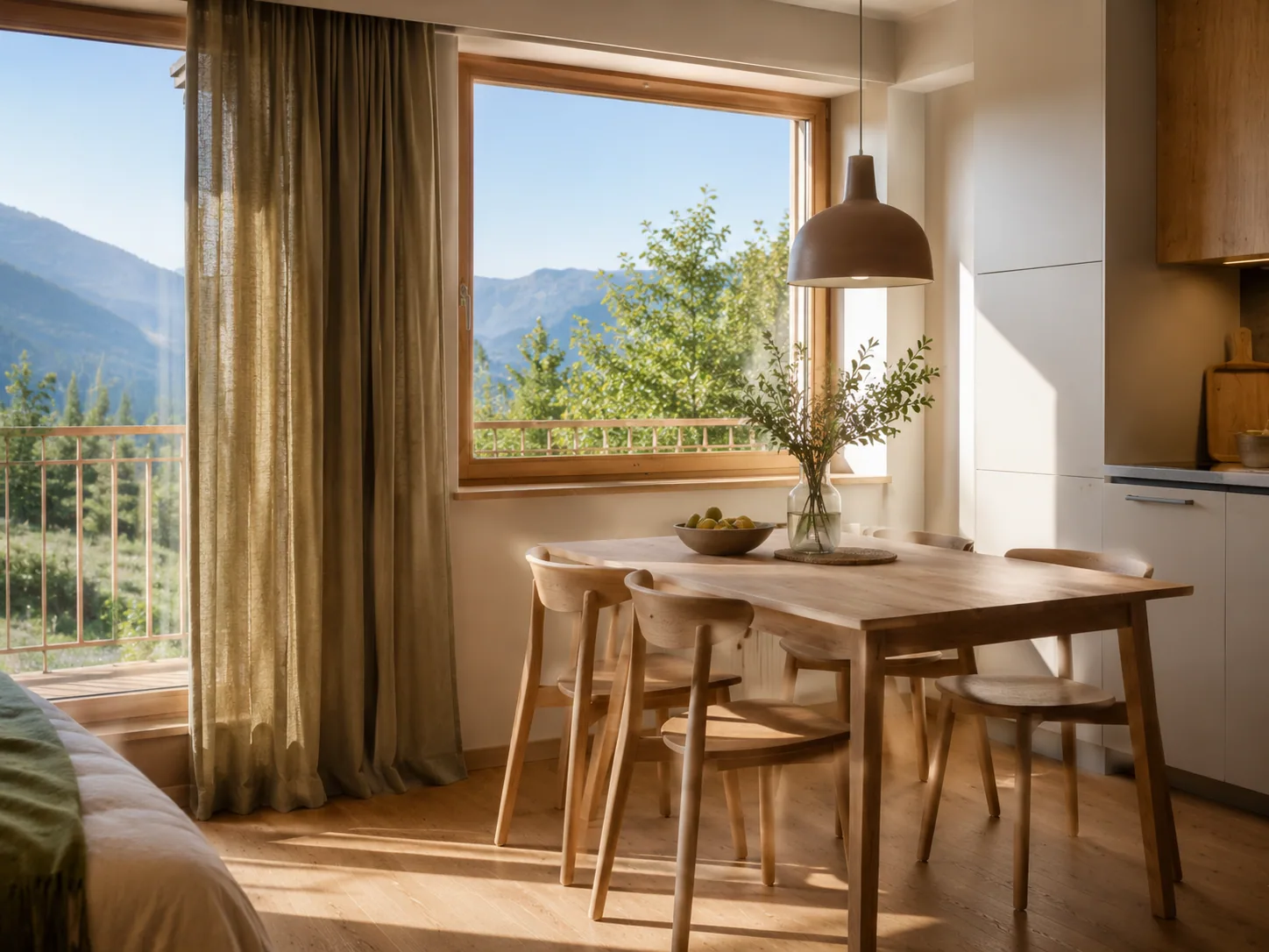 Heller Essplatz mit Holztisch und Stühlen direkt am Fenster mit Bergblick