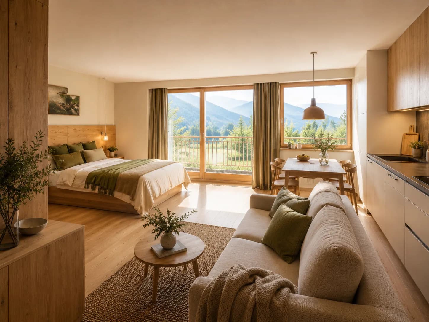 Offener Wohnraum mit Schlafbereich, Sofa und Küchenzeile, Bergblick durch große Fenster