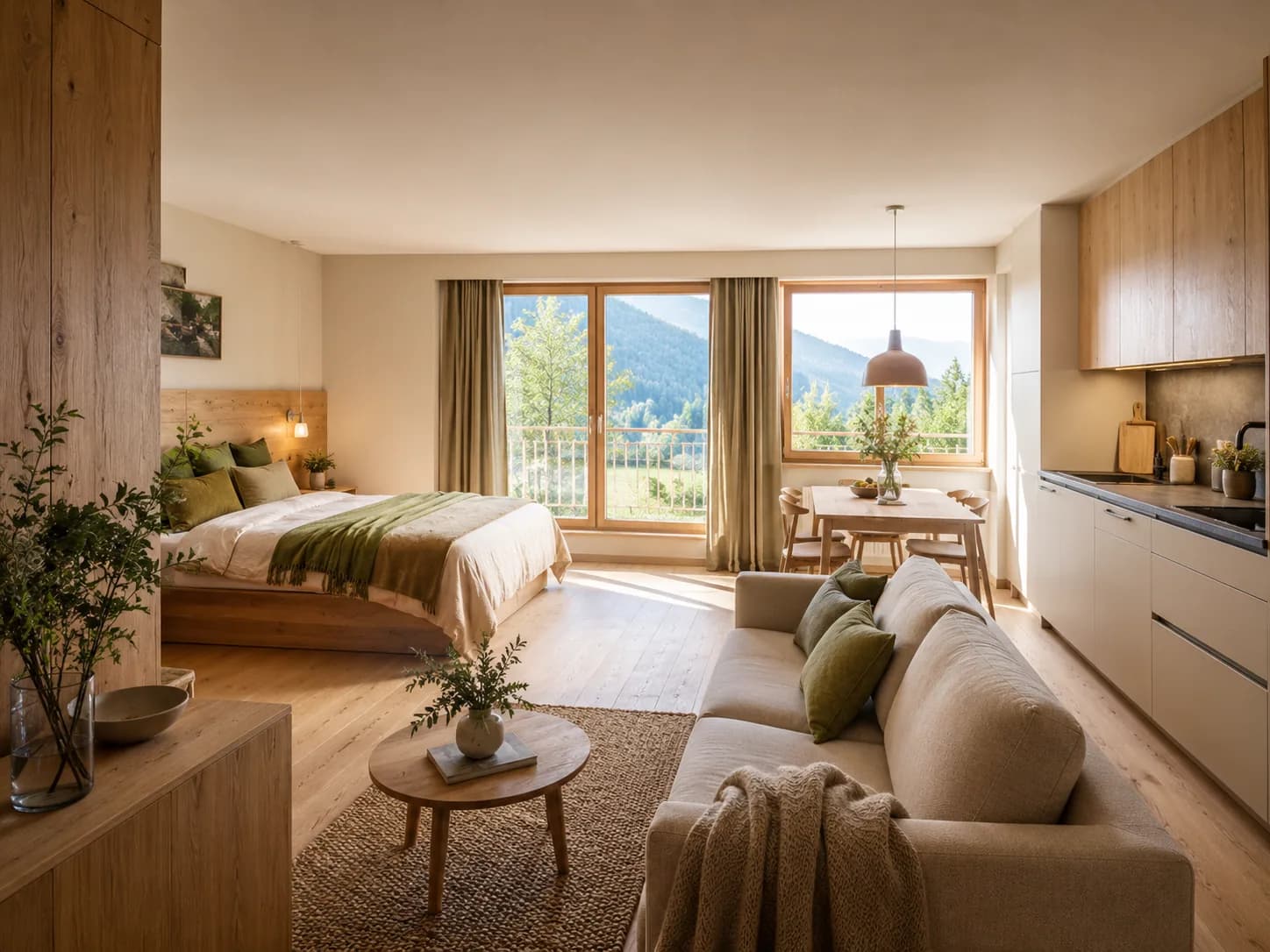 Helle offene Ferienwohnung mit Doppelbett, Sofa, Essplatz und Küche, großes Fenster mit Bergblick