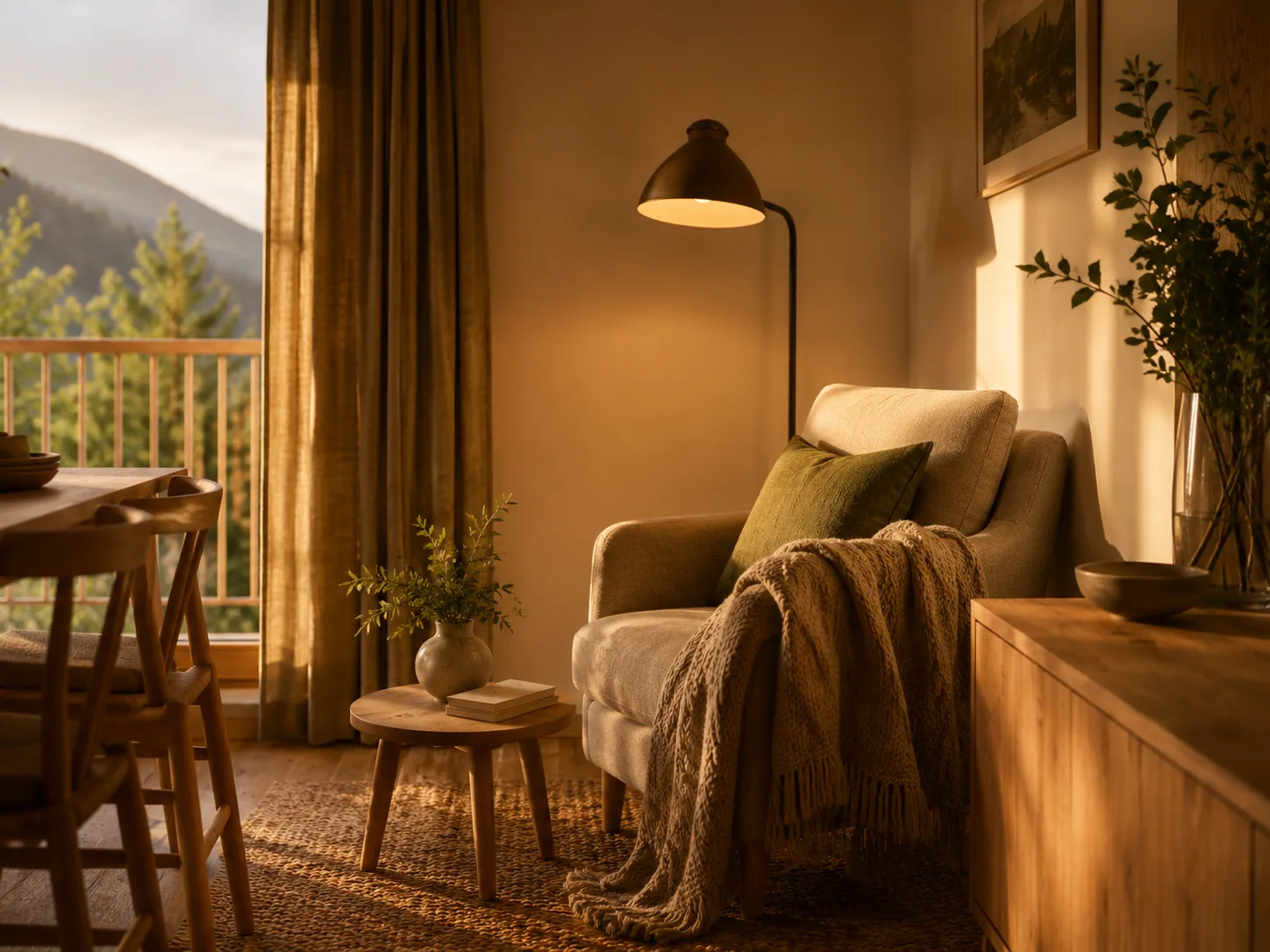 Gemütliche Leseecke mit Sessel, Strickdecke und Leselampe im warmen Abendlicht