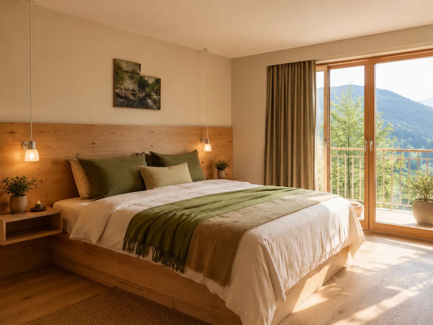 Doppelbett mit Leinenbettwäsche und grünem Plaid, Holzkopfteil und Blick auf die Berge