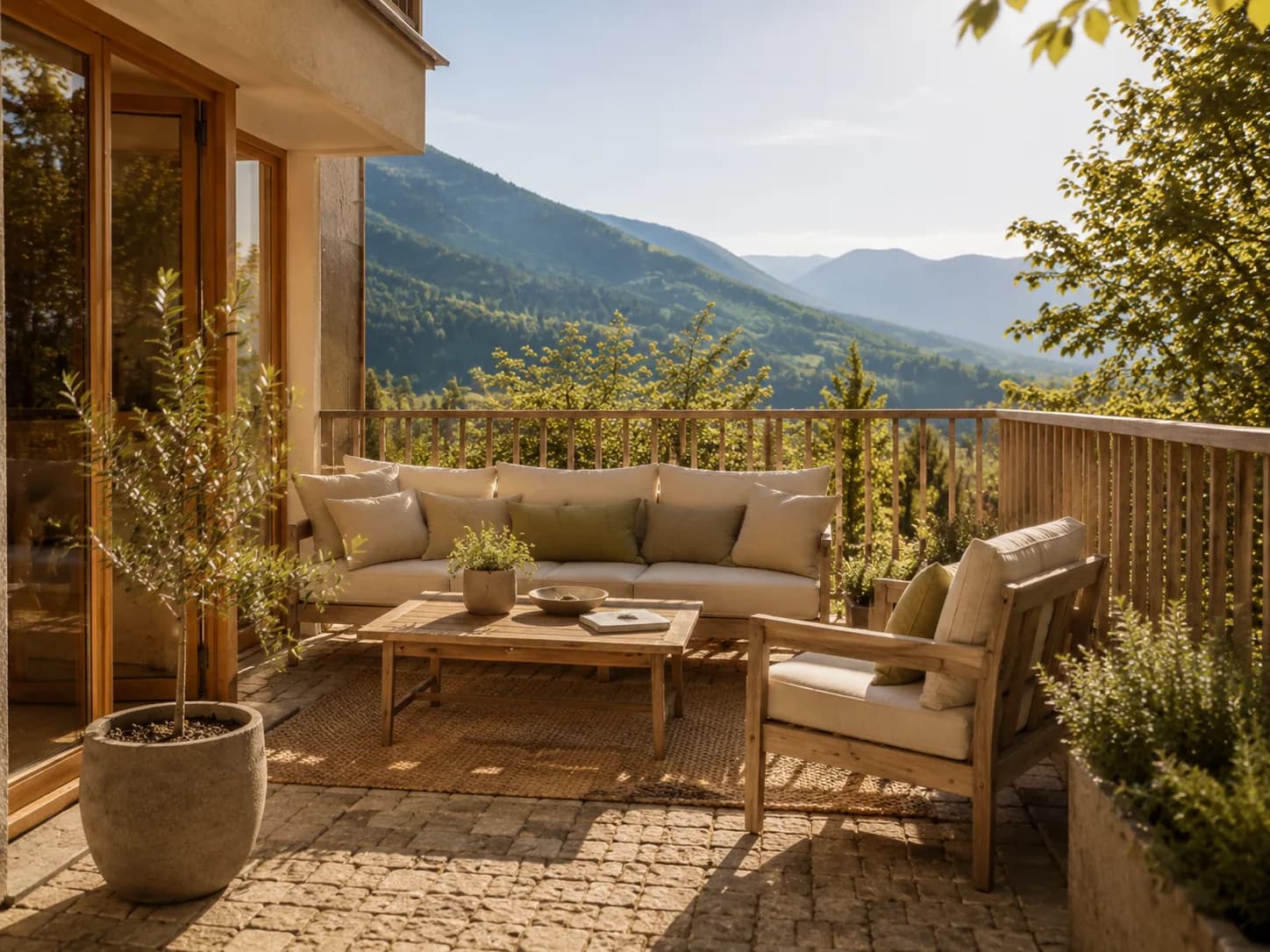 Sonnige Terrasse mit Lounge-Sitzgruppe und weitem Blick auf die bewaldeten Berge
